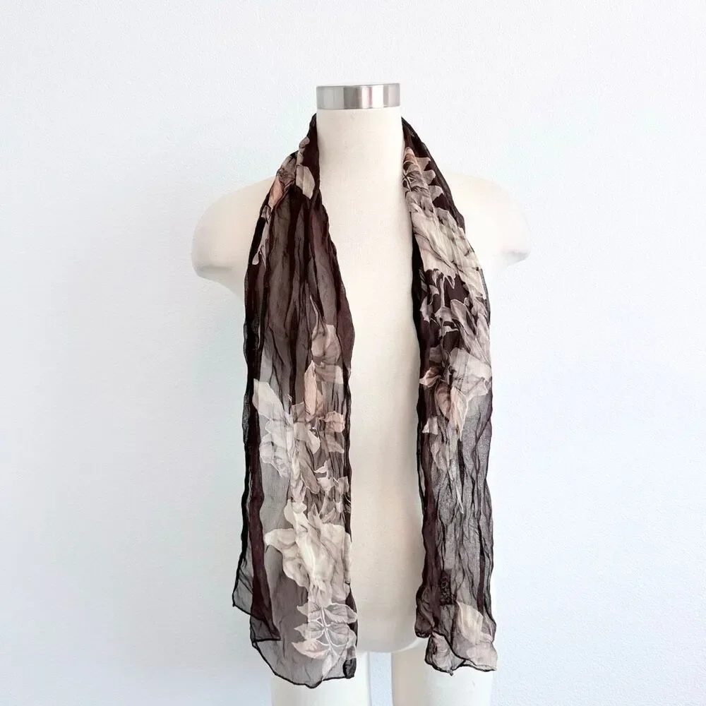 NY&Co Y2K Crinkle Brown Scarf Rose Floral Bright Colorful Boho Long